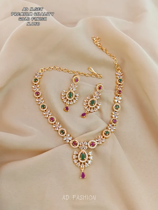 Gold_Finish_Brass_Green_Pink_Stone_Necklace_And_Earrings_Set_For_Women