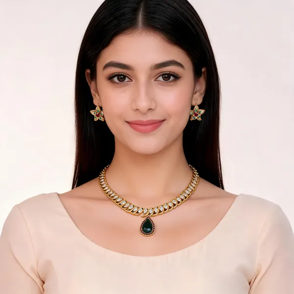 Gold_Tone_Floral_Stone_Brass_Necklace_And_Earrings_Set_For_Women