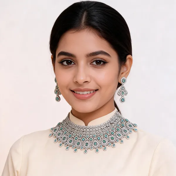 Silver_Brass_Green_Stone_Choker_Jewellery_Set_For_Women