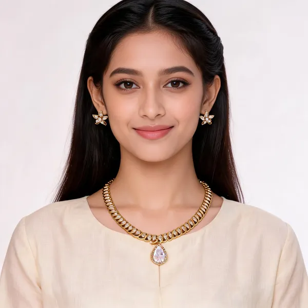 Gold_Brass_Matte_Leaf_Crystal_Teardrop_Necklace_Set_For_Women