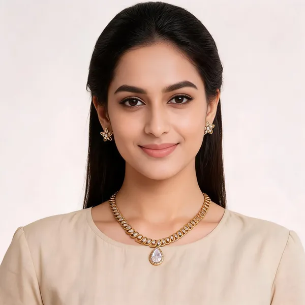 Gold_Brass_Matte_Leaf_Crystal_Teardrop_Necklace_Set_For_Women