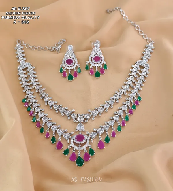 Silver_Finish_Brass_Pink_Green_Stone_Necklace_Earring_Set_For_Women