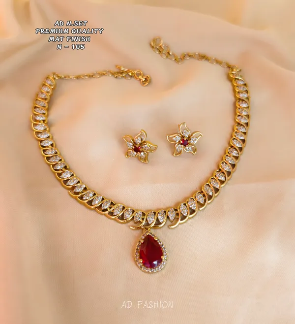 Gold_Brass_Red_Teardrop_Stone_Linked_Necklace_Earrings_Set_For_Women