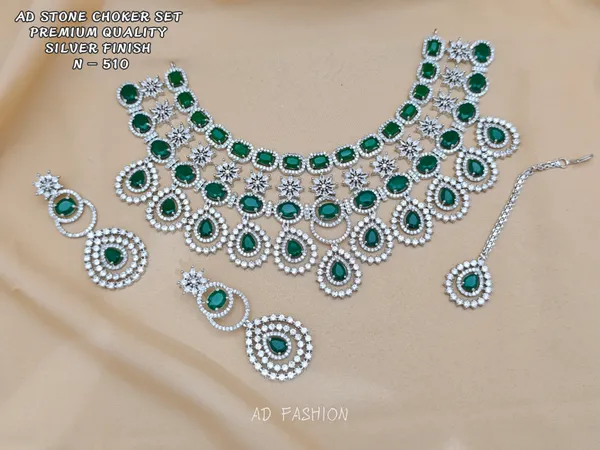 Silver_Brass_Green_Stone_Layered_Choker_Set_For_Women