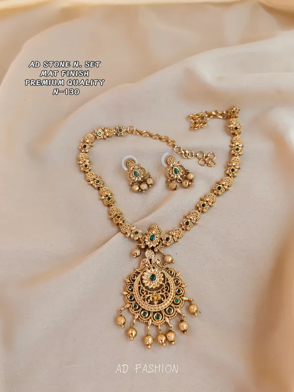 Gold_Tone_Brass_Green_Clear_Stone_Floral_Necklace_Earring_Set_For_Women
