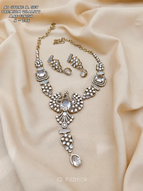 Gold_Tone_Brass_Ad_Stone_Floral_Layered_Necklace_Set_For_Women