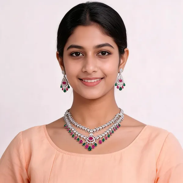 Silver_Finish_Brass_Pink_Green_Stone_Necklace_Earring_Set_For_Women