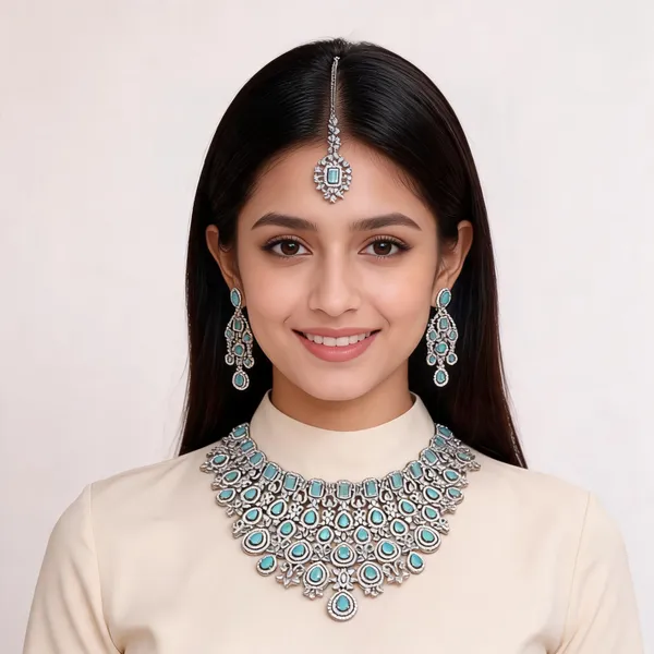 Silver_Brass_Stone_Choker_Necklace_Earrings_Maang_Tikka_Set_For_Women