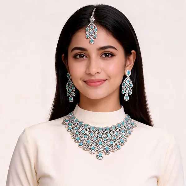 Silver_Brass_Stone_Choker_Necklace_Earrings_Maang_Tikka_Set_For_Women