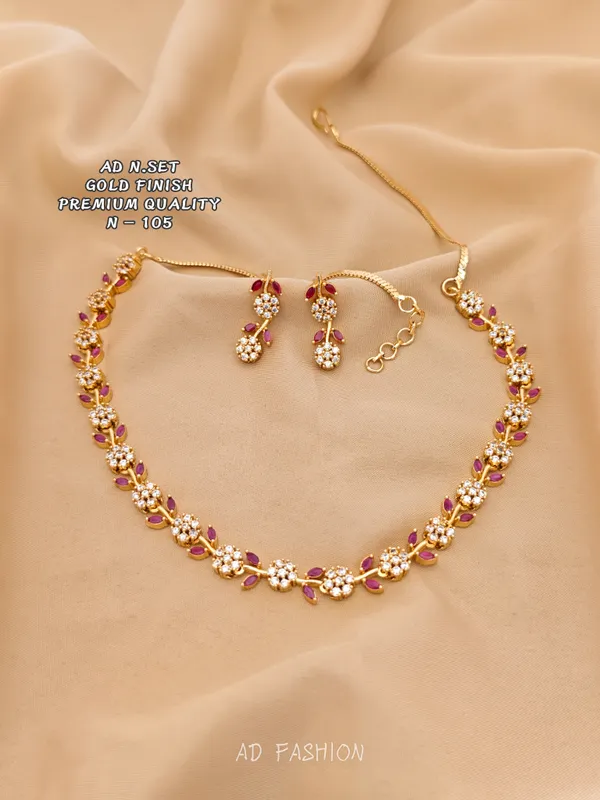 Gold_Brass_Floral_Pink_Stone_Necklace_And_Earrings_Set_For_Women
