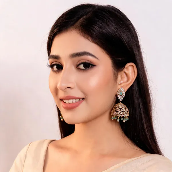 Gold_Tone_Brass_Green_Stone_Dome_Jhumka_Earrings_For_Women