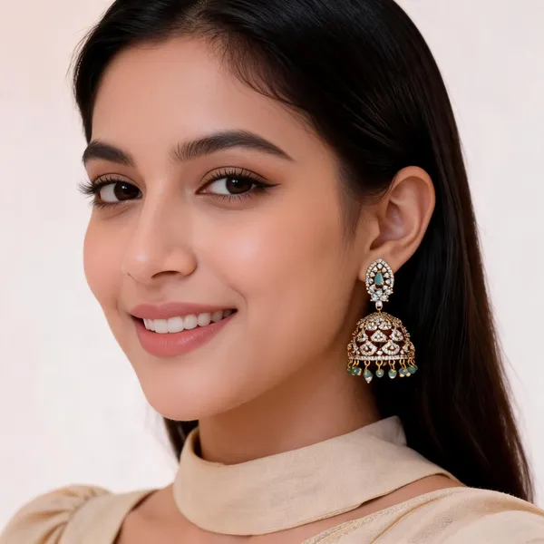 Gold_Tone_Brass_Green_Stone_Dome_Jhumka_Earrings_For_Women