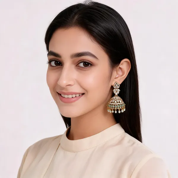 Gold_Tone_Brass_Green_Stone_Floral_Dome_Jhumka_Earrings_For_Women