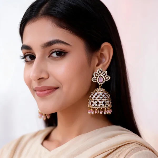 Gold_Brass_Pink_Clear_Stone_Floral_Dome_Jhumka_Earrings_For_Women