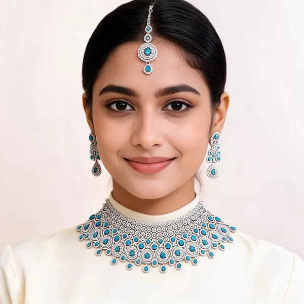 Silver_Tone_Brass_Blue_Stone_Ad_Choker_Necklace_Set_For_Women