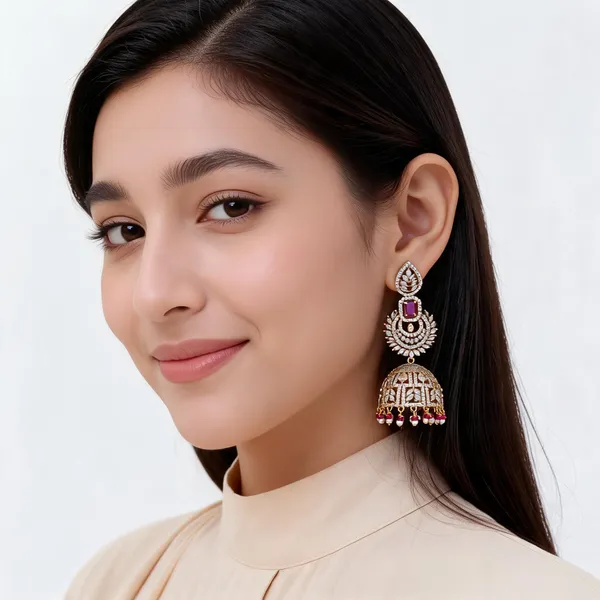Gold_Brass_Pink_Stone_Layered_Jhumka_Earrings_For_Women