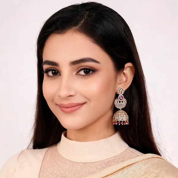 Gold_Brass_Pink_Stone_Layered_Jhumka_Earrings_For_Women