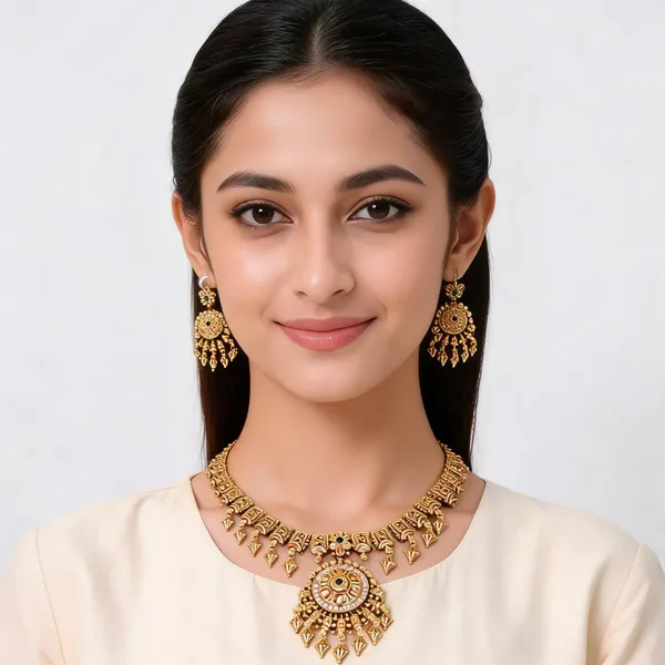 Gold_Tone_Brass_Floral_Traditional_Necklace_Set_For_Women