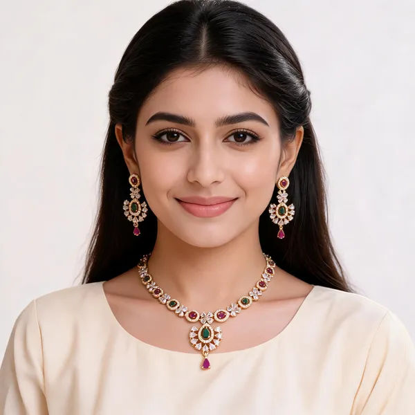 Gold_Finish_Brass_Green_Pink_Stone_Necklace_And_Earrings_Set_For_Women