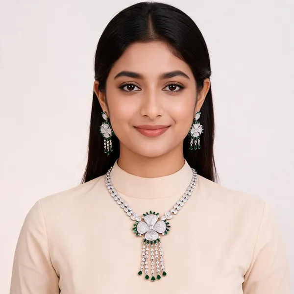 Silver_Finish_Brass_Green_Stone_Floral_Jewellery_Set_For_Women