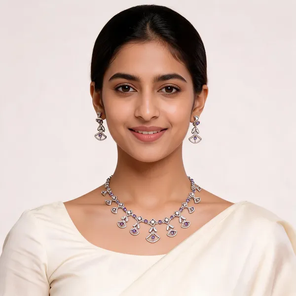 Silver_Finish_Brass_Purple_Stone_Chain_Necklace_And_Earrings_Set_For_Women