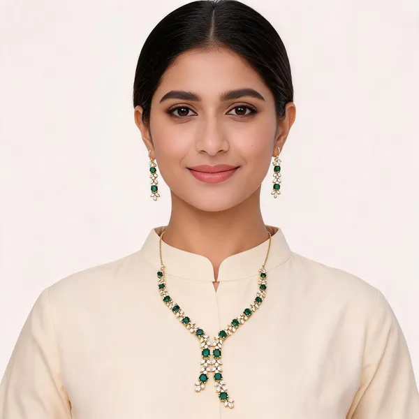 Gold_Finish_Brass_Green_Stone_Floral_Drop_Necklace_Set_For_Women