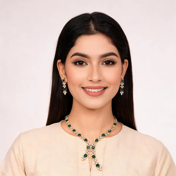 Gold_Finish_Brass_Green_Stone_Floral_Drop_Necklace_Set_For_Women