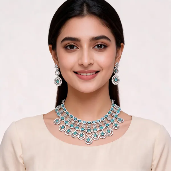 Silver_Brass_Turquoise_Stone_Floral_Choker_Set_For_Women