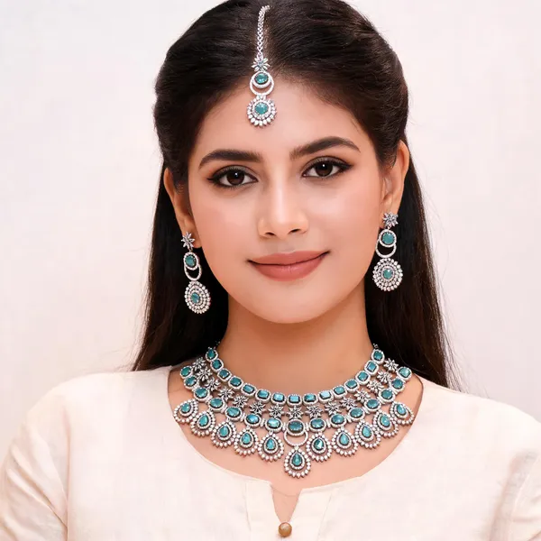 Silver_Brass_Turquoise_Stone_Floral_Choker_Set_For_Women