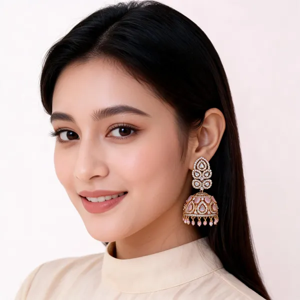 Gold_Brass_Pink_Clear_Stone_Floral_Jhumka_Earrings_For_Women
