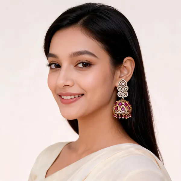 Gold_Brass_Magenta_Stone_Floral_Dome_Jhumka_Earrings_For_Women