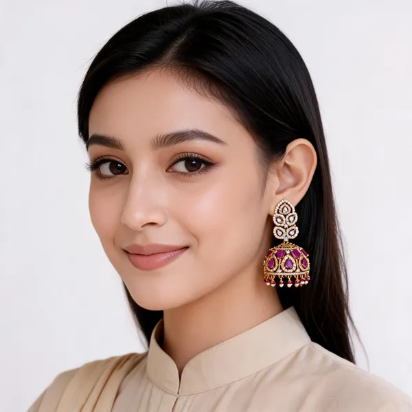 Gold_Brass_Magenta_Stone_Floral_Dome_Jhumka_Earrings_For_Women