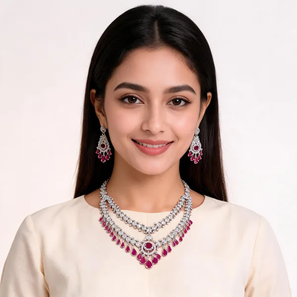 Silver_Brass_Magenta_Stone_Necklace_And_Earrings_Set_For_Women