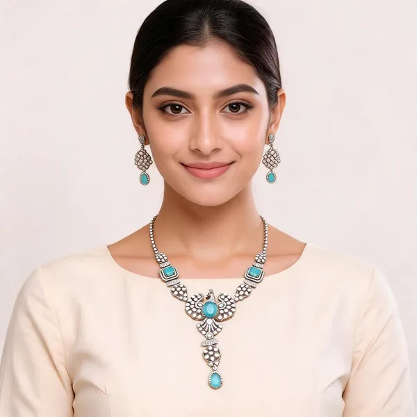 Silver_Brass_Turquoise_Stone_Statement_Necklace_Set_For_Women