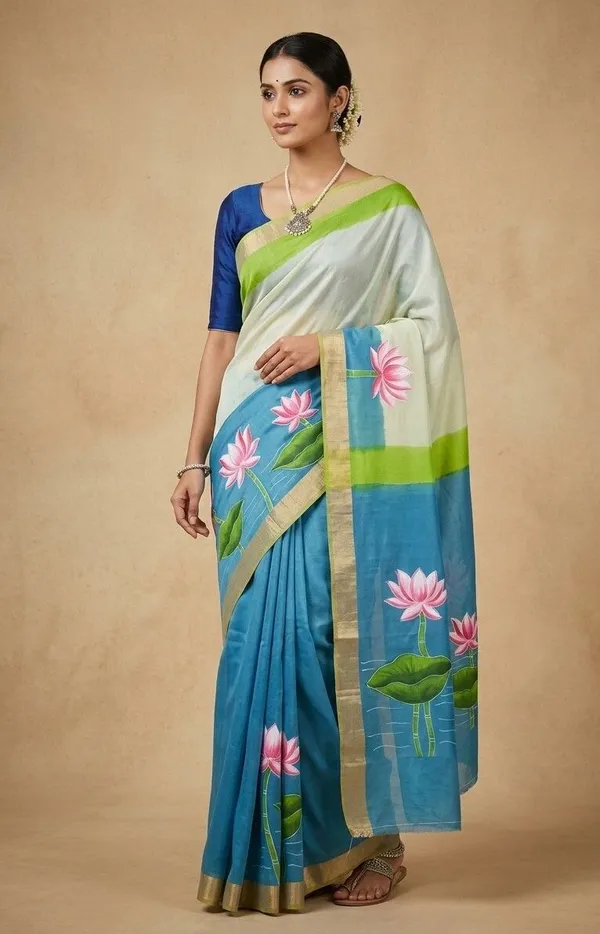 Sindhuja_Fashion_House_Hand_Painted,_Floral_Print_Handloom_Pure_Cotton_Saree_(White,_Blue)