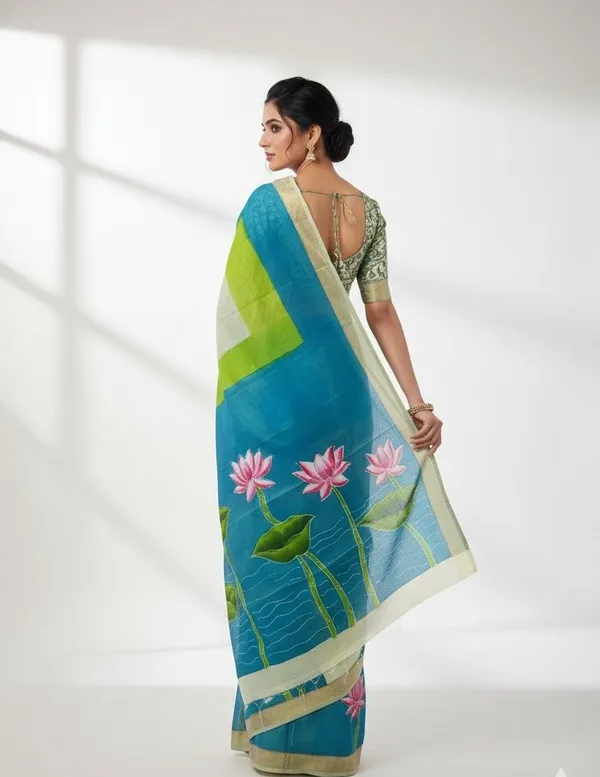 Sindhuja_Fashion_House_Hand_Painted,_Floral_Print_Handloom_Pure_Cotton_Saree_(White,_Blue)