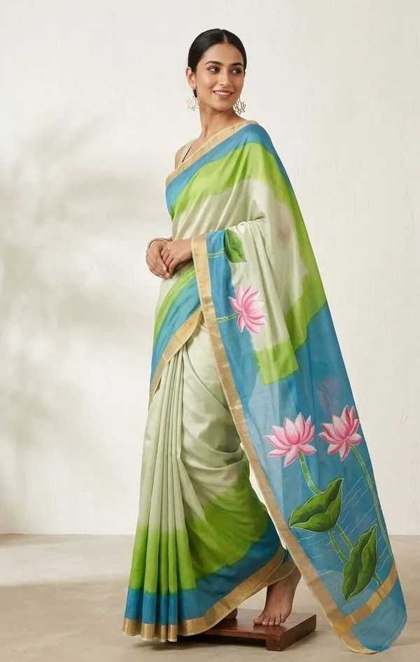 Sindhuja_Fashion_House_Hand_Painted,_Floral_Print_Handloom_Pure_Cotton_Saree_(White,_Blue)