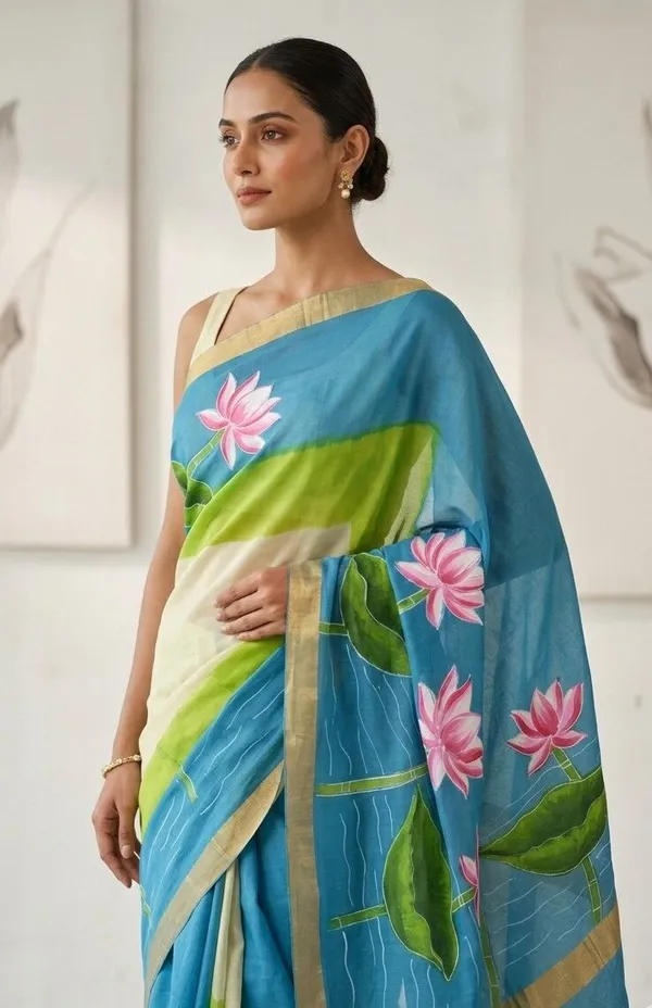 Sindhuja_Fashion_House_Hand_Painted,_Floral_Print_Handloom_Pure_Cotton_Saree_(White,_Blue)