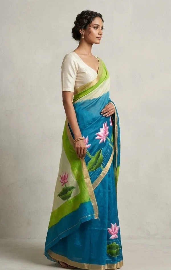 Sindhuja_Fashion_House_Hand_Painted,_Floral_Print_Handloom_Pure_Cotton_Saree_(White,_Blue)