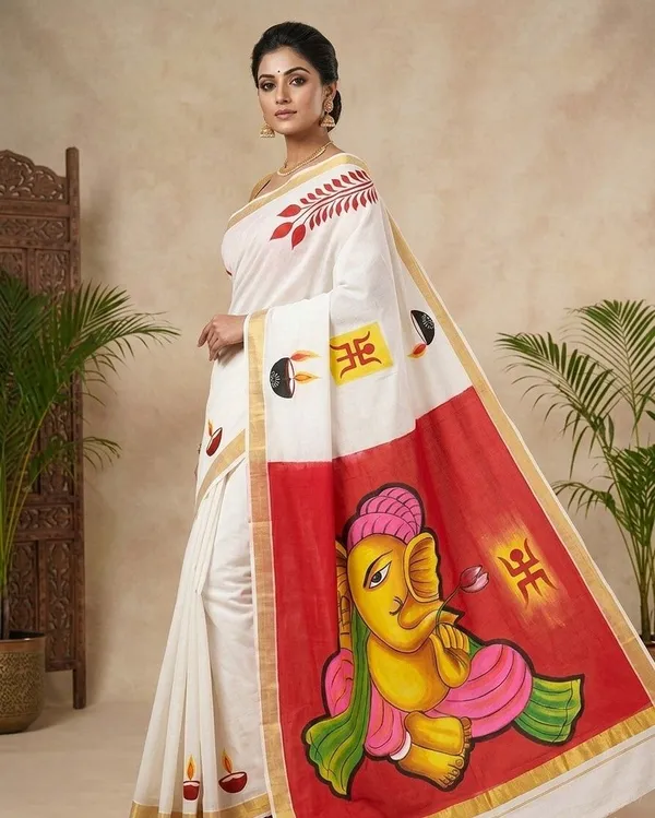 Sindhuja_Fashion_House_Hand_Painted,_Printed,_Floral_Print,_Graphic_Print_Kasavu_Pure_Cotton_Saree_(White,_Red)