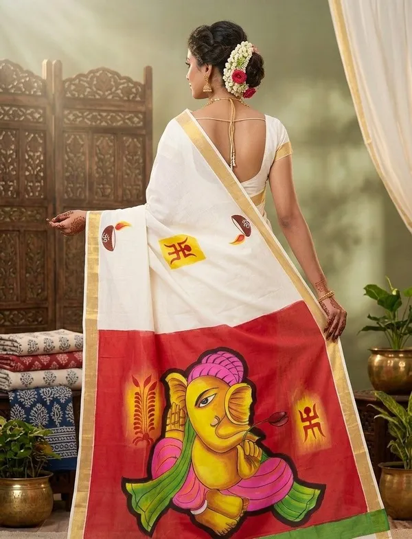 Sindhuja_Fashion_House_Hand_Painted,_Printed,_Floral_Print,_Graphic_Print_Kasavu_Pure_Cotton_Saree_(White,_Red)