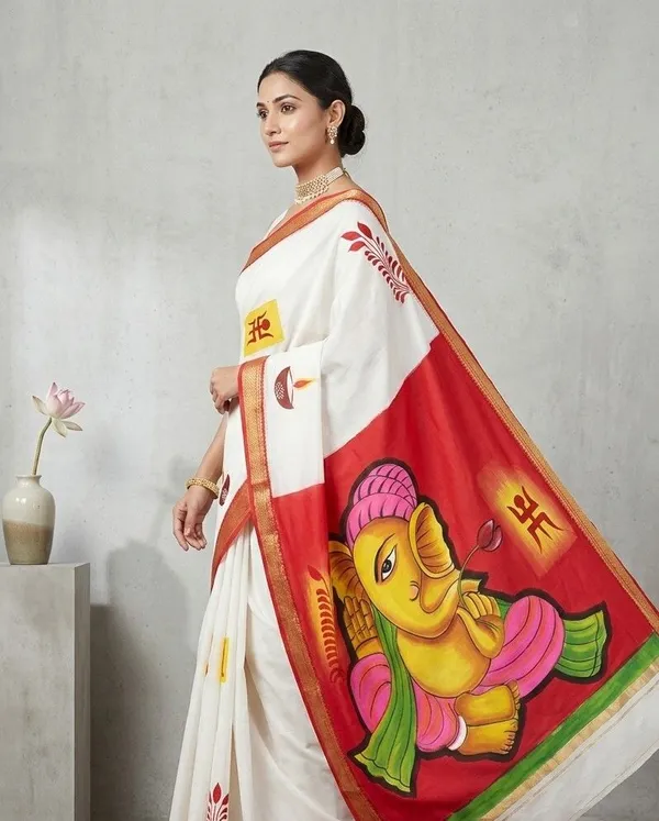 Sindhuja_Fashion_House_Hand_Painted,_Printed,_Floral_Print,_Graphic_Print_Kasavu_Pure_Cotton_Saree_(White,_Red)