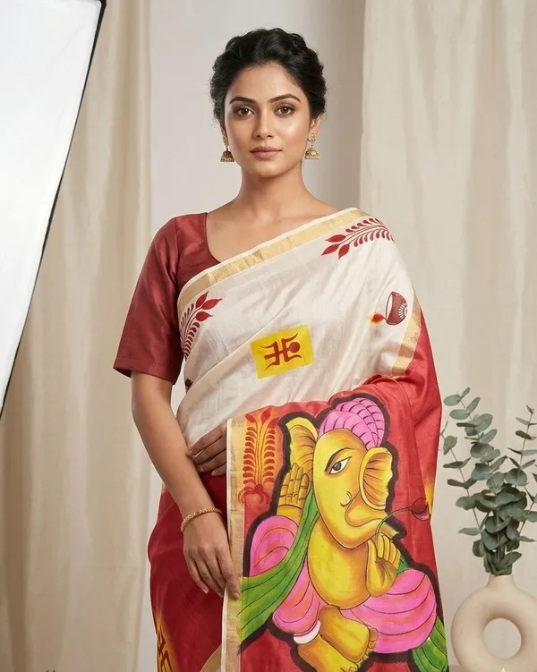 Sindhuja_Fashion_House_Hand_Painted,_Printed,_Floral_Print,_Graphic_Print_Kasavu_Pure_Cotton_Saree_(White,_Red)