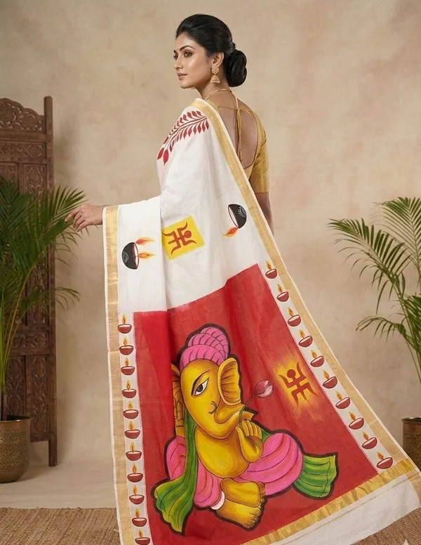Sindhuja_Fashion_House_Hand_Painted,_Printed,_Floral_Print,_Graphic_Print_Kasavu_Pure_Cotton_Saree_(White,_Red)