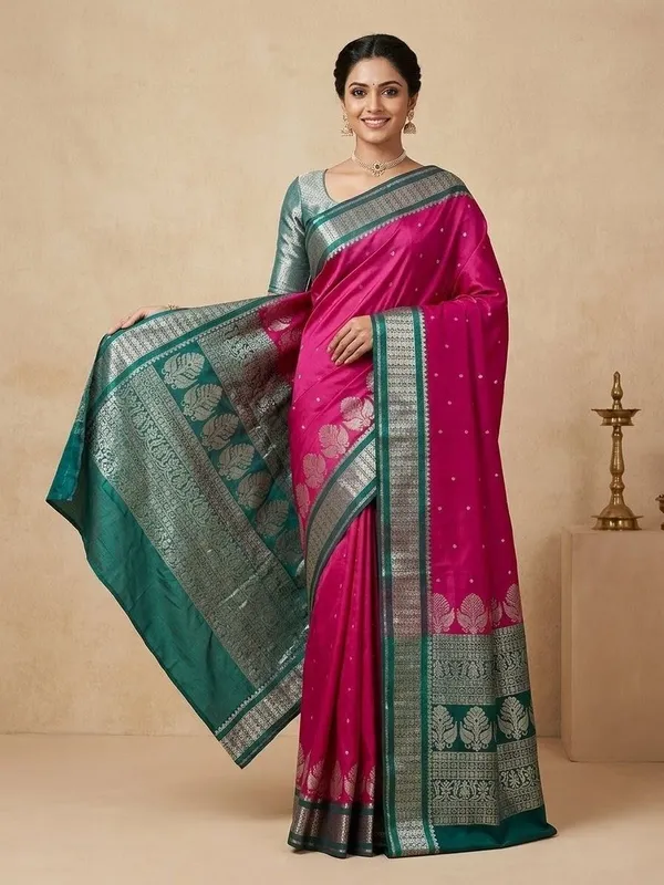 Sindhuja_Fashion_House_Woven_Banarasi_Silk_Blend_Saree_(Pink,_Dark_Green)