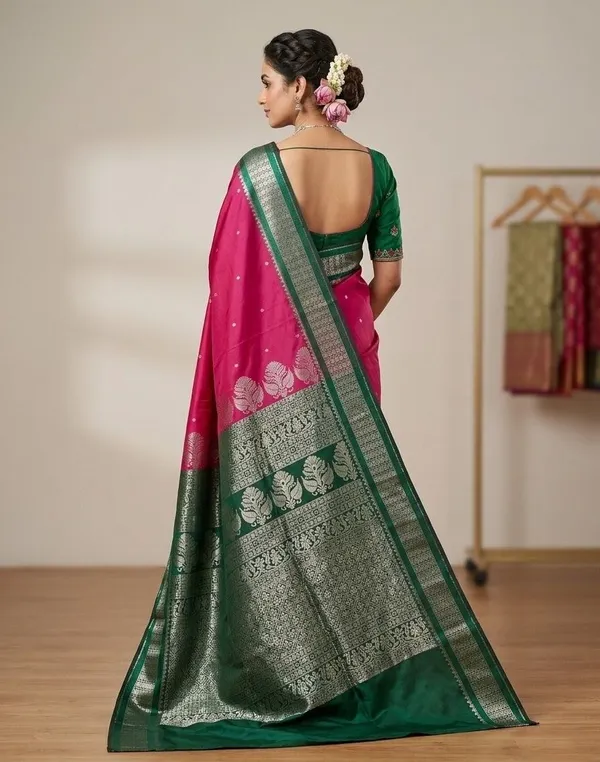 Sindhuja_Fashion_House_Woven_Banarasi_Silk_Blend_Saree_(Pink,_Dark_Green)