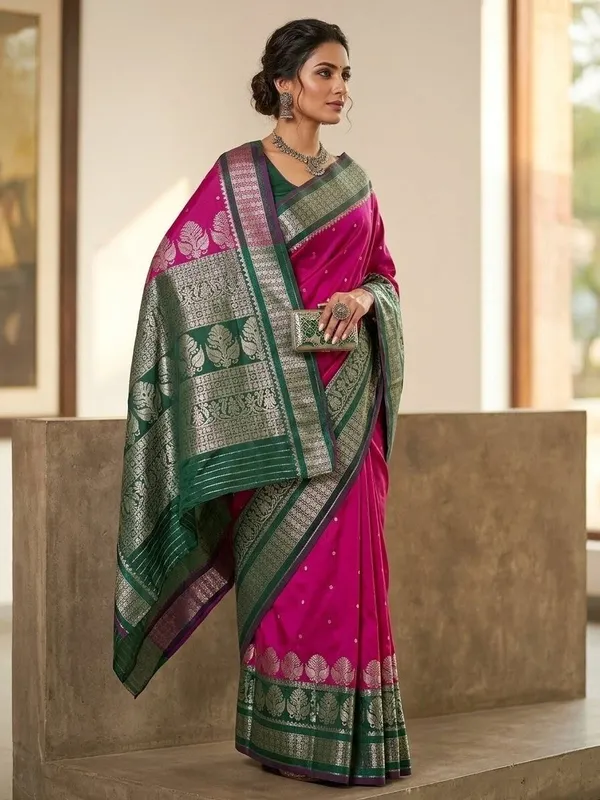 Sindhuja_Fashion_House_Woven_Banarasi_Silk_Blend_Saree_(Pink,_Dark_Green)