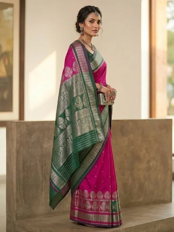 Sindhuja_Fashion_House_Woven_Banarasi_Silk_Blend_Saree_(Pink,_Dark_Green)