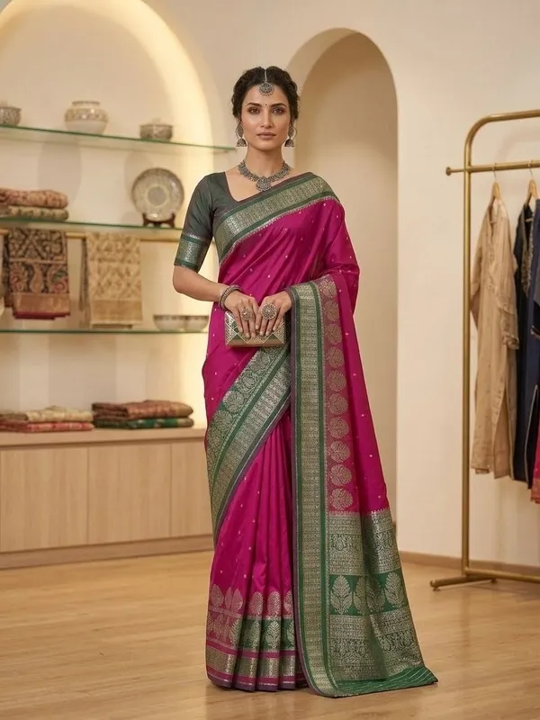 Sindhuja_Fashion_House_Woven_Banarasi_Silk_Blend_Saree_(Pink,_Dark_Green)