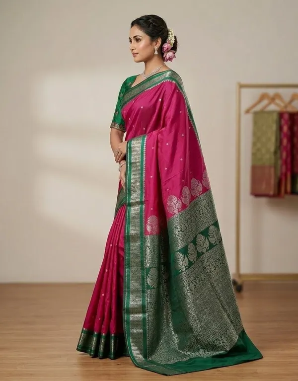 Sindhuja_Fashion_House_Woven_Banarasi_Silk_Blend_Saree_(Pink,_Dark_Green)